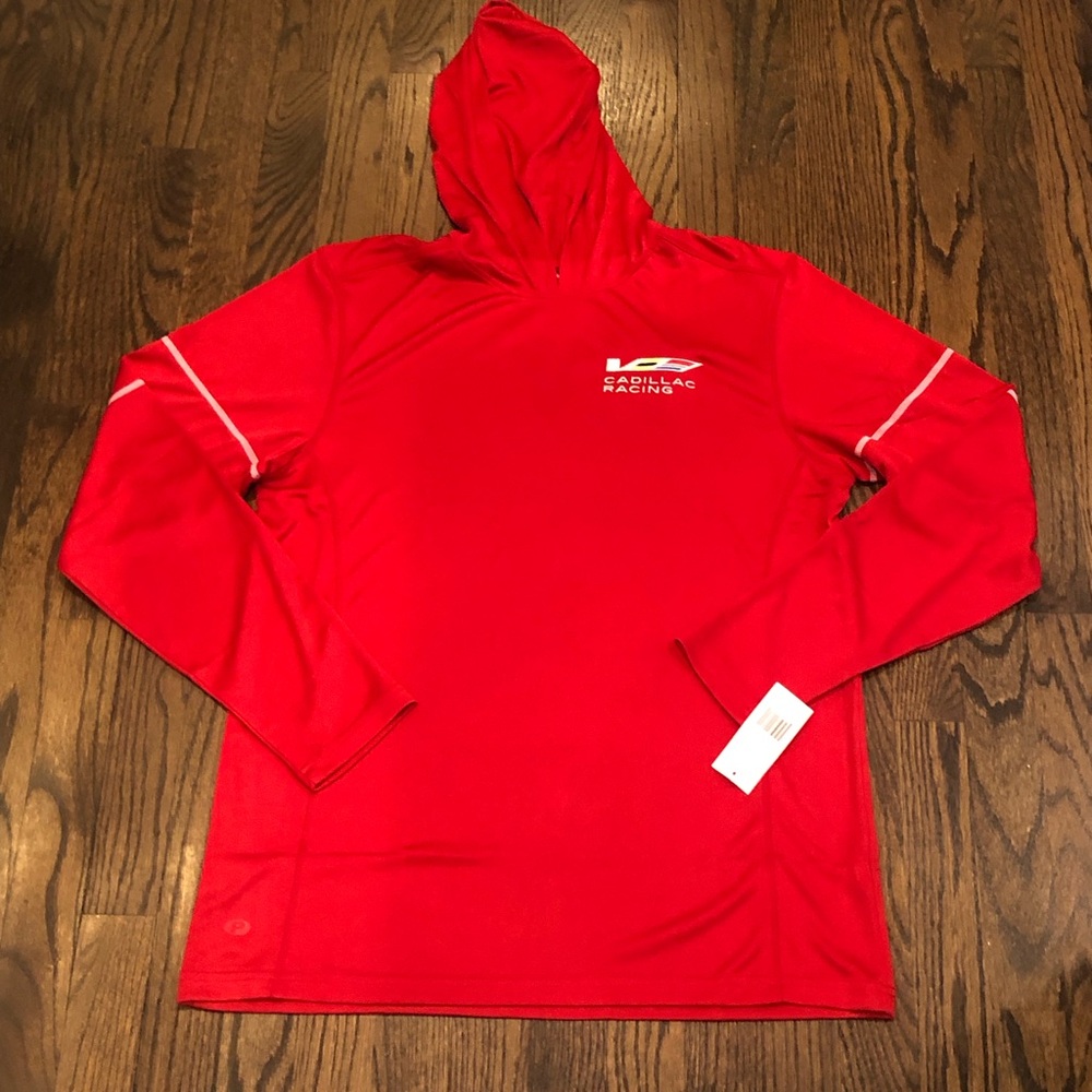 Cadillac Racing Red athletic moisture wicking pull-over shirt with hood